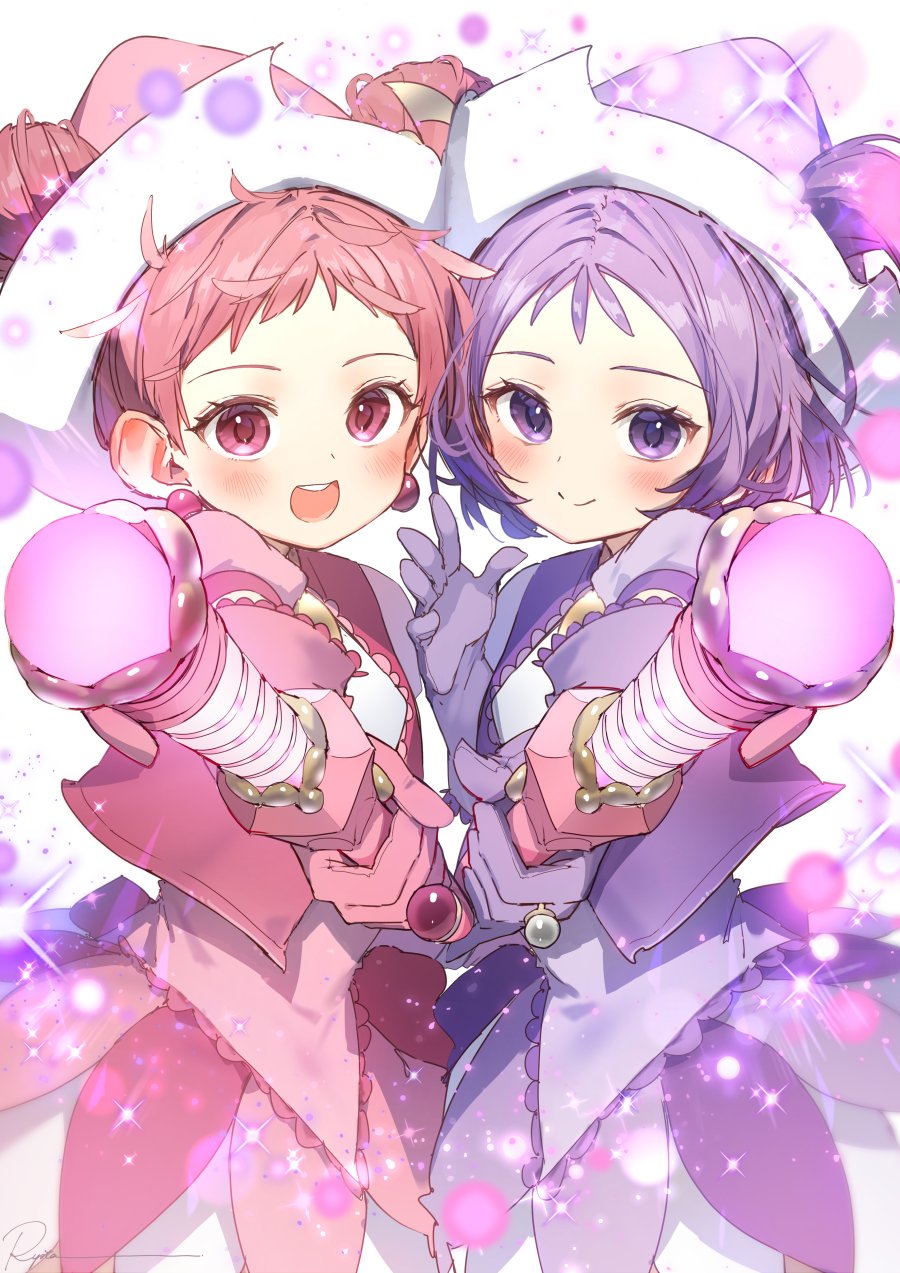 2girls :d blush closed_mouth cowboy_shot double_bun dress earrings gloves harukaze_doremi hat highres holding holding_wand jewelry looking_at_viewer magical_girl multiple_girls ojamajo_doremi one_side_up open_mouth pink_dress pink_eyes pink_gloves pink_hair pink_headwear purple_dress purple_hair purple_headwear ring ryota_(ry_o_ta) segawa_onpu short_hair signature simple_background smile sparkle violet_eyes wand white_background witch_hat