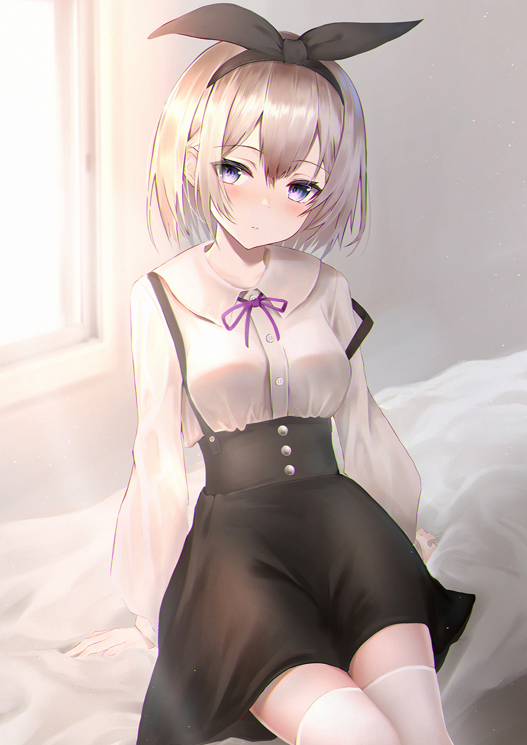1girl arm_support bed black_skirt blouse breasts closed_mouth eyebrows_visible_through_hair hair_between_eyes hairband high-waist_skirt highres indoors long_sleeves looking_at_viewer medium_breasts on_bed original ribbon short_hair silver_hair sitting sitting_on_bed skirt solo suspender_skirt suspenders thigh-highs violet_eyes white_blouse white_legwear window yk_(pixiv43531291) zettai_ryouiki