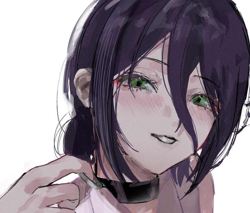 1girl chainsaw_man close-up collar eyebrows_visible_through_hair face green_eyes hair_between_eyes hand_up looking_at_viewer open_mouth portrait purple_hair reze_(chainsaw_man) ring_pull short_hair simple_background solo white_background yosei_bin