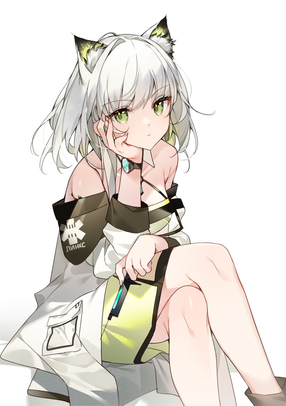 1girl animal_ear_fluff animal_ears arknights bangs bare_legs bare_shoulders closed_mouth commentary crossed_legs dress feet_out_of_frame green_dress green_eyes head_rest highres holding holding_needle kal'tsit_(arknights) kamiowl labcoat looking_at_viewer needle off_shoulder oripathy_lesion_(arknights) pocket russian_text short_hair sitting solo watch watch white_background white_hair