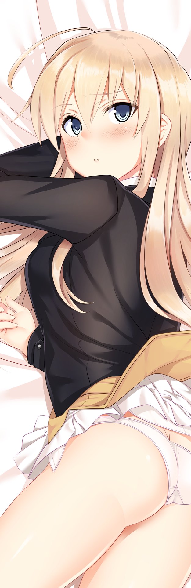 1girl a9b_(louis814) ahoge ass black_jacket blonde_hair blue_eyes blush hair_between_eyes hanna-justina_marseille highres jacket long_hair looking_at_viewer lying miniskirt on_stomach panties parted_lips skirt solo strike_witches tan_shirt thighs underwear white_panties white_skirt world_witches_series