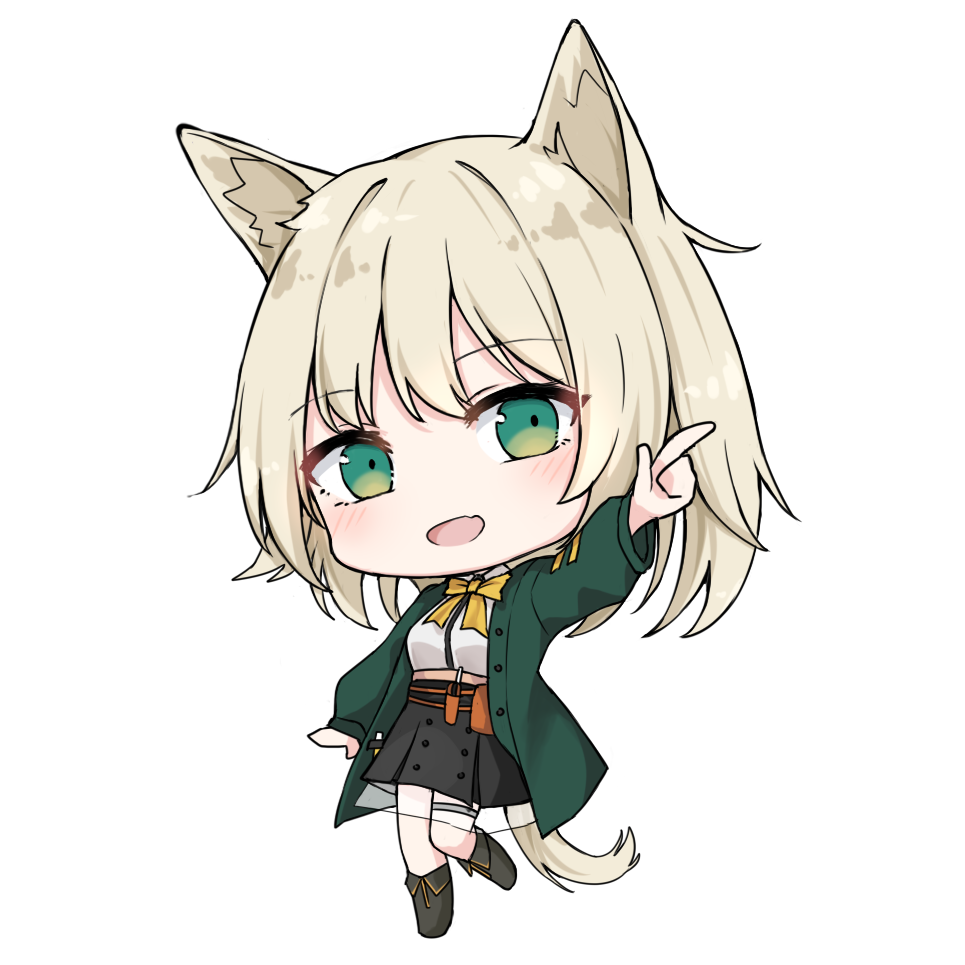 1girl :d animal_ear_fluff animal_ears arknights bangs black_footwear black_skirt blush boots bow breasts cat_ears cat_girl cat_tail chibi eyebrows_visible_through_hair fang full_body green_jacket jacket knee_boots light_brown_hair long_sleeves looking_at_viewer mango_(mgo) open_clothes open_jacket open_mouth outstretched_arm pleated_skirt podenco_(arknights) pointing shirt simple_background skirt small_breasts smile solo standing standing_on_one_leg tail white_background white_shirt yellow_bow