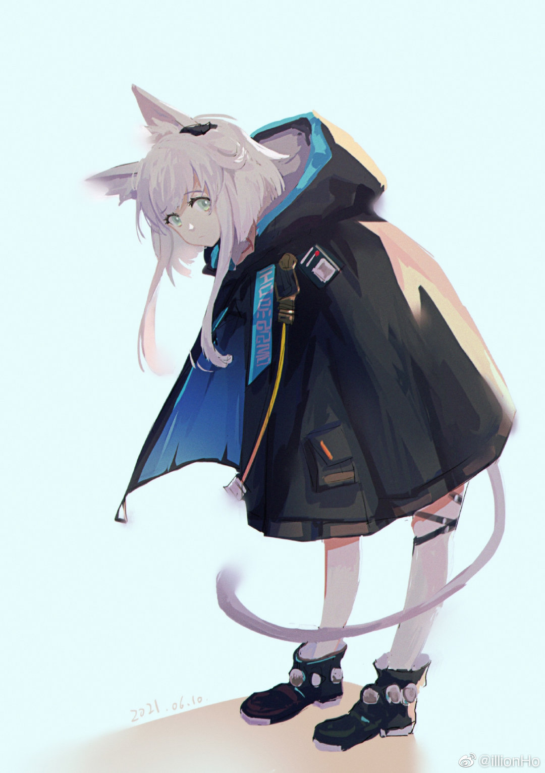 1girl animal_ears arknights black_footwear black_jacket blue_background cat_ears cat_girl cat_tail chinese_commentary dated earpiece full_body green_eyes highres id_card illionho jacket leaning_forward looking_at_viewer rosmontis_(arknights) shadow simple_background solo standing tail thigh_strap weibo_username white_hair