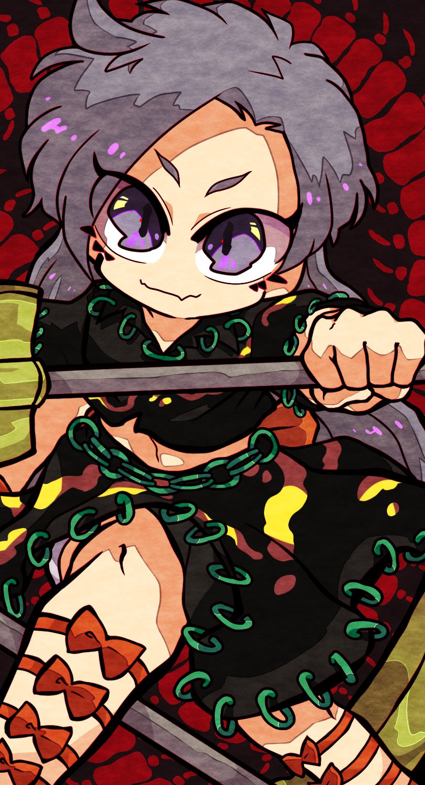 1girl black_background black_shirt black_skirt bow centipede_print chibi feet_out_of_frame grey_hair harunori_(hrnrx) highres himemushi_momoyo holding holding_shovel long_hair looking_at_viewer midriff orange_bow patterned_background pickaxe shirt short_sleeves shovel skirt solo touhou violet_eyes