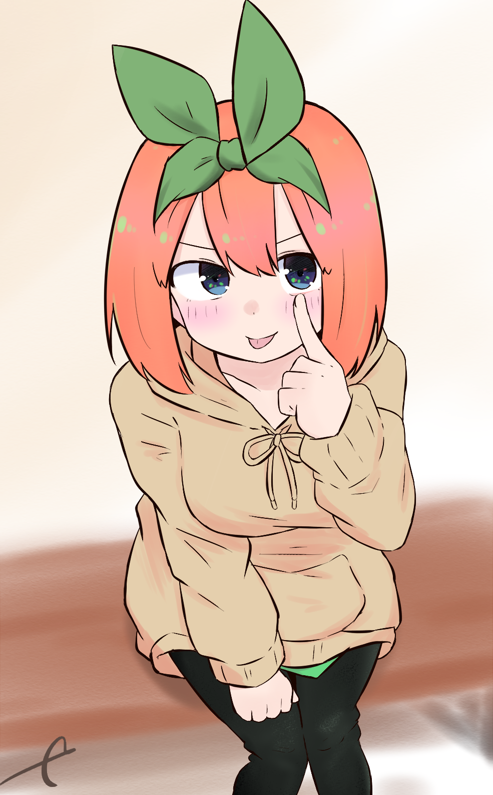 1girl :p akanbe bangs black_pants blue_eyes blush brown_hoodie closed_mouth eyebrows_behind_hair from_above go-toubun_no_hanayome green_ribbon hair_between_eyes hair_ribbon highres hood hood_down hoodie kujou_karasuma looking_at_viewer looking_up nakano_yotsuba orange_hair pants pantyhose ribbon signature sitting smile solo tongue tongue_out v-shaped_eyebrows