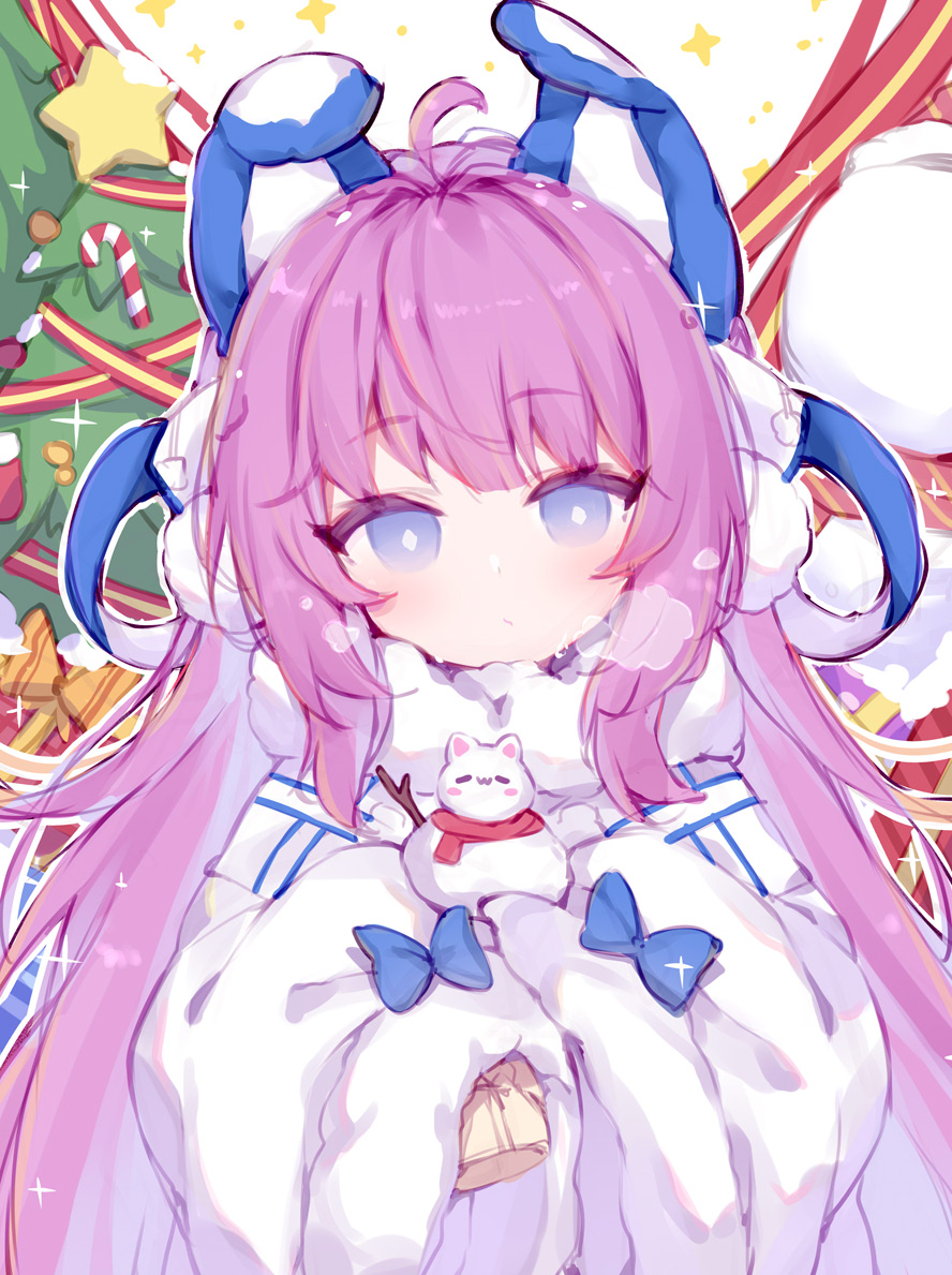 1girl ahoge azur_lane bangs blue_eyes blush breath brown_dress candy candy_cane christmas christmas_ornaments christmas_tree closed_mouth commentary_request dress eyebrows_visible_through_hair food fur-trimmed_sleeves fur_trim long_hair long_sleeves looking_at_viewer puffy_long_sleeves puffy_sleeves purple_hair snowman solo star_(symbol) sudango tashkent_(azur_lane) very_long_hair white_dress wide_sleeves