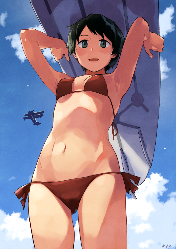 1girl aircraft aircraft_request airplane banned_artist bikini black_eyes black_hair blue_sky breasts clouds cowboy_shot day from_behind from_below kantai_collection looking_at_viewer makio_(makiomeigenbot) mogami_(kancolle) outdoors red_bikini short_hair sky small_breasts solo surfboard swimsuit