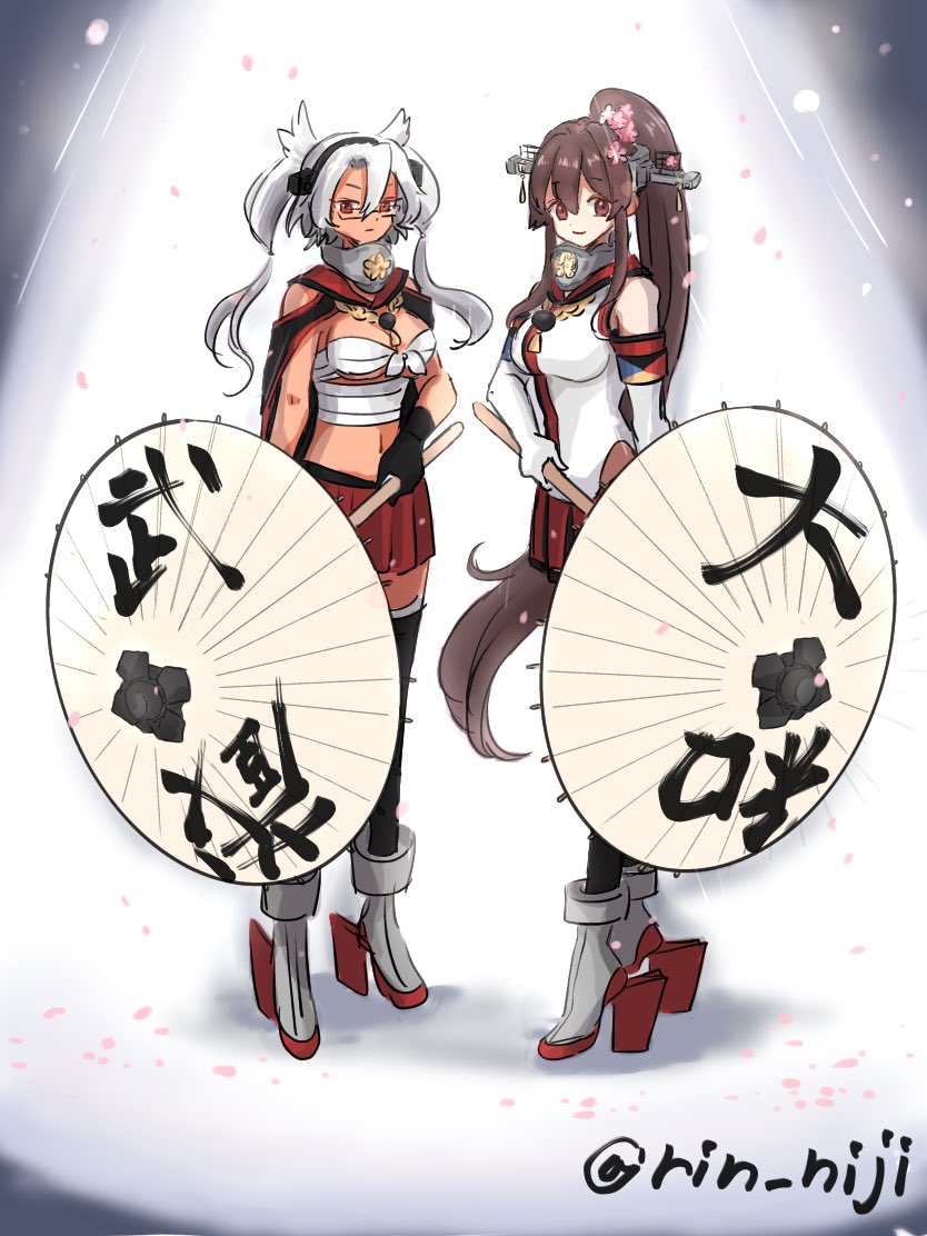 2girls bangs black_gloves black_legwear black_skirt breasts brown_eyes brown_hair budget_sarashi character_name dark-skinned_female dark_skin detached_sleeves flower glasses gloves hair_between_eyes hair_flower hair_ornament headgear holding holding_umbrella kantai_collection large_breasts long_hair multiple_girls musashi_(kancolle) navel oil-paper_umbrella partially_fingerless_gloves petals pink_flower pleated_skirt ponytail red_eyes rin_(rin_niji) rudder_footwear sarashi sidelocks simple_background skirt standing thigh-highs twintails twitter_username umbrella white_hair yamato_(kancolle)