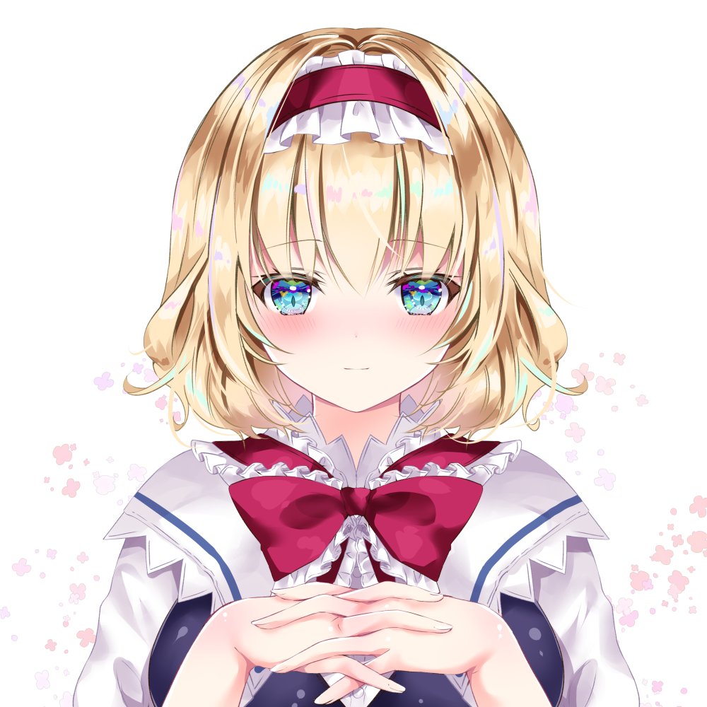 1girl alice_margatroid bangs blonde_hair blue_eyes blush capelet closed_mouth eyebrows_visible_through_hair fingers_together hairband hands_together lolita_hairband looking_at_viewer nanase_nao red_hairband red_neckwear short_hair simple_background solo touhou upper_body white_background white_capelet