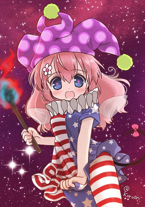 1girl american_flag_dress american_flag_legwear biyon blue_eyes blush bow clownpiece clownpiece_(cosplay) cosplay cowboy_shot dress dress_tug fairy_wings flower flower-shaped_pupils hair_between_eyes hair_flower hair_ornament hat holding holding_torch jester_cap long_hair looking_at_viewer mouse_tail neck_ruff open_mouth pink_bow pink_hair polka_dot_headwear purple_headwear short_sleeves show_by_rock!! solo star_(sky) starry_background tail tail_bow tail_ornament torch touhou twitter_username un_(show_by_rock!!) upper_body wings