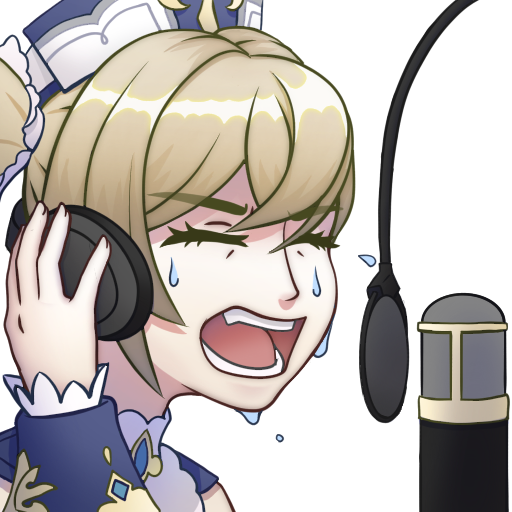 alpen barbara_(genshin_impact) blonde_hair emoji genshin_impact hat headphones microphone music screaming self_upload singing sweat