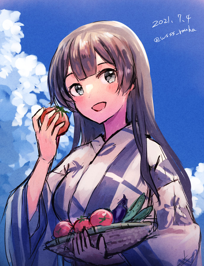 1girl agano_(kancolle) basket black_hair blue_sky clouds commentary_request dated green_eyes japanese_clothes kantai_collection kimono long_hair looking_at_viewer one-hour_drawing_challenge sky smile solo tomato twitter_username upper_body white_kimono wss_(nicoseiga19993411) yukata