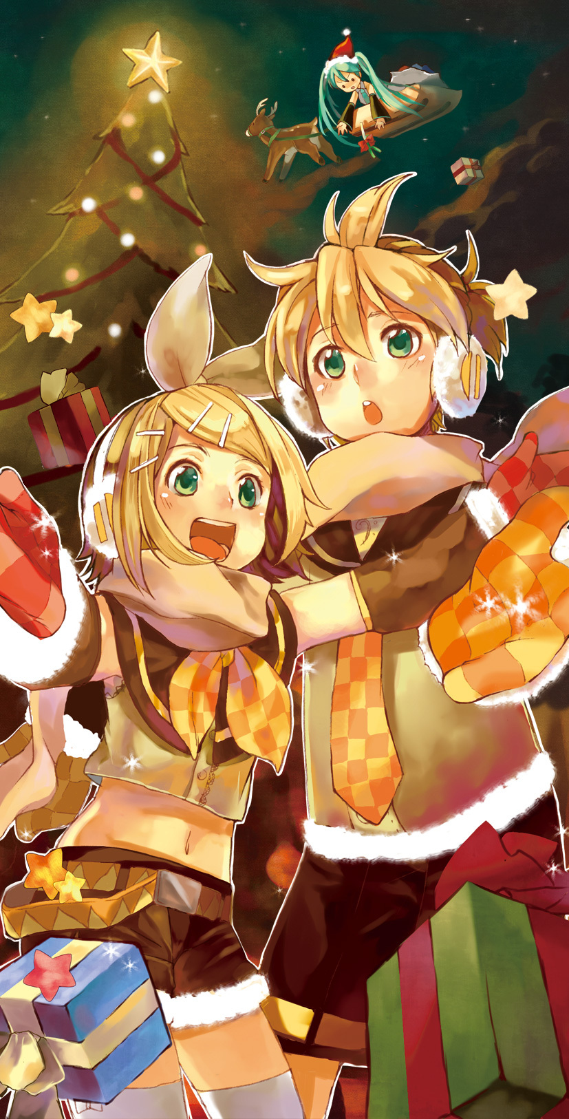 christmas earmuffs gift green_eyes hair_ornament hairpin hatsune_miku highres kagamine_len kagamine_rin reindeer star thigh-highs vocaloid