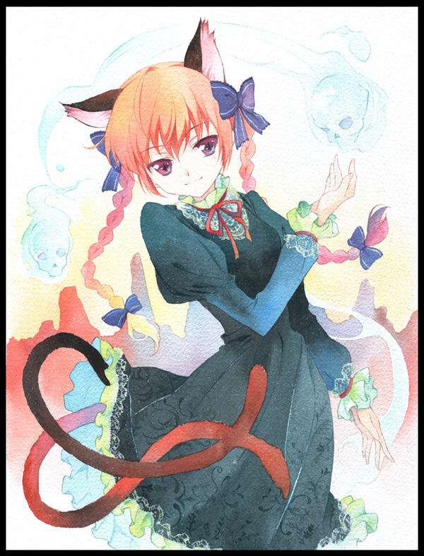 1girl agahari animal_ears black_dress blonde_hair border bow braid cat_ears cat_tail dress female floating_skull hair_bow hair_ribbon hands kaenbyou_rin multiple_tails red_eyes red_hair ribbon short_hair skull slit_pupils smile solo tail touhou traditional_media twin_braids twintails watercolor_(medium)