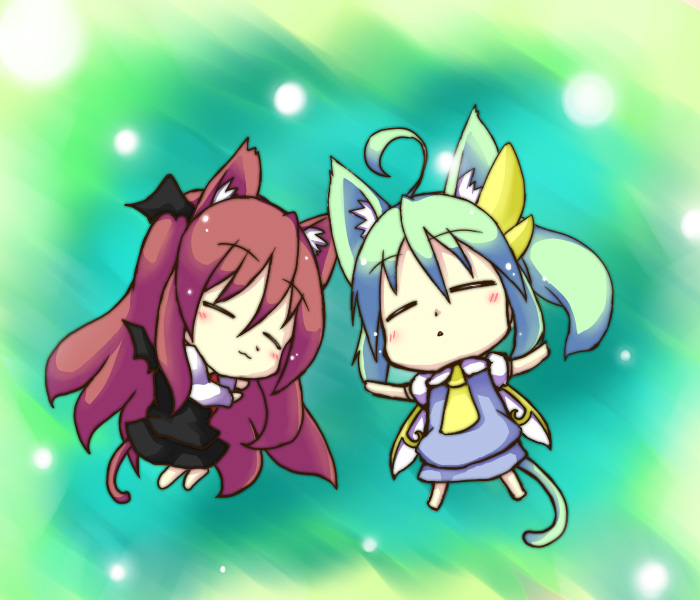 :3 ahoge animal_ears bad_id bat_wings benauxi cat_ears chibi daiyousei hazuki_ruu head_wings kemonomimi_mode koakuma sleeping tail touhou wings