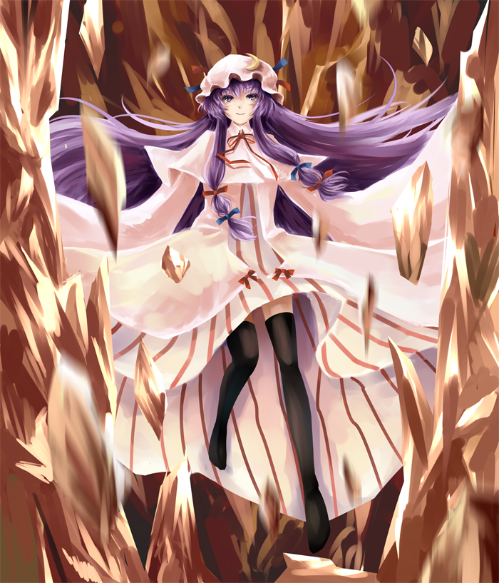 black_legwear crescent floating_object hat long_hair motion_blur neck_ribbon patchouli_knowledge purple_eyes purple_hair ribbon robe rock smile solo striped thigh-highs thighhighs touhou vetina violet_eyes zettai_ryouiki