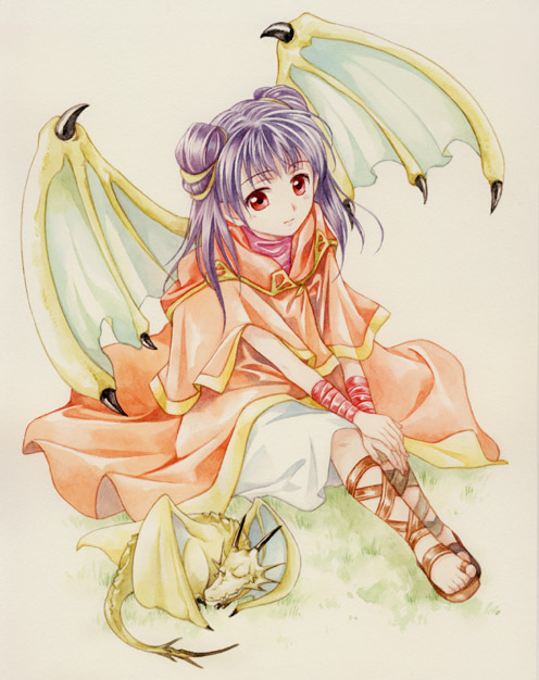 dragon dragon_girl dragon_wings fire_emblem fire_emblem:_seima_no_kouseki fire_emblem_sacred_stones myrrh purple_hair red_eyes sandals short_hair wings