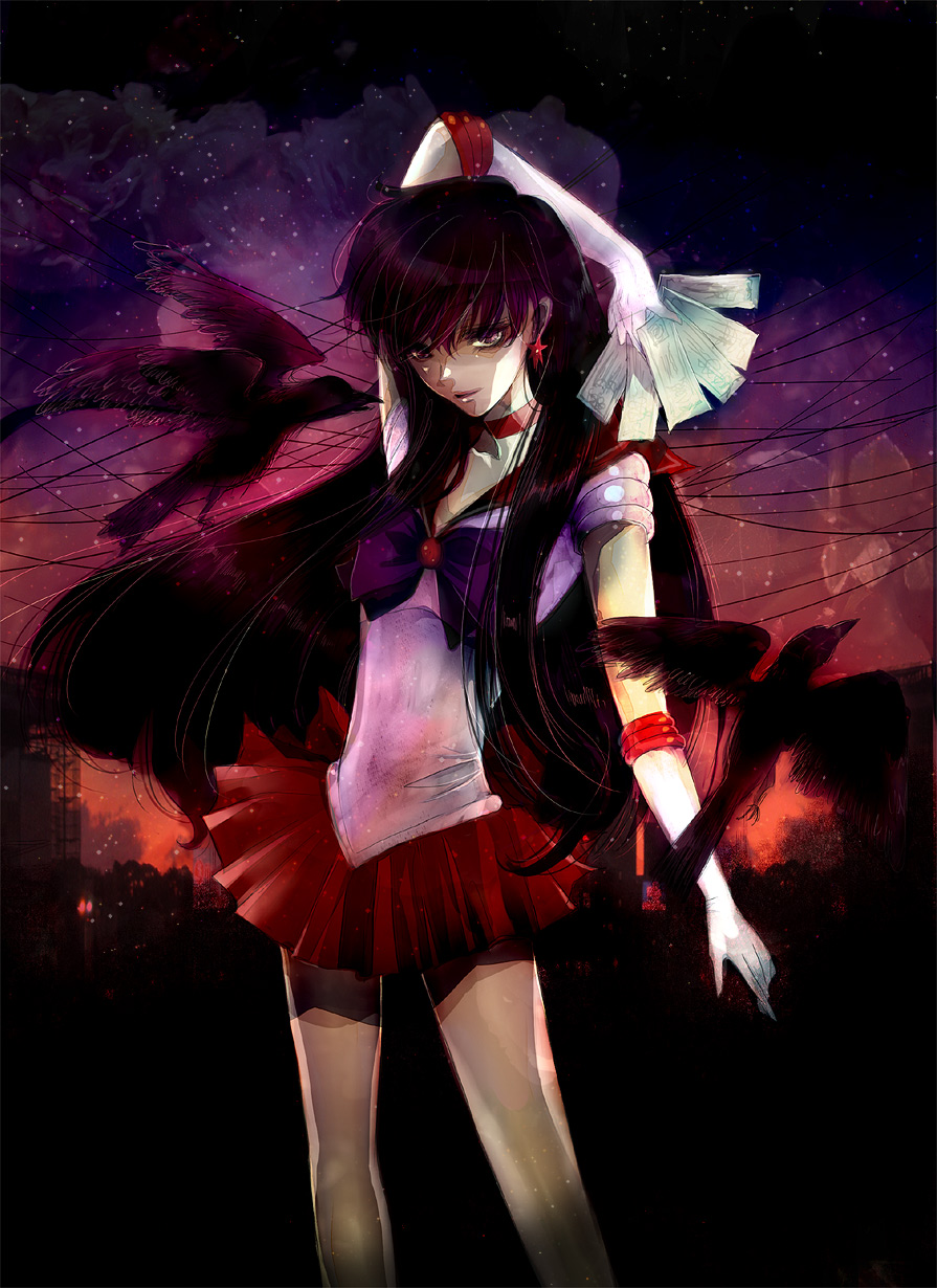 bird bishoujo_senshi_sailor_moon black black_hair city crow deimos dolcexxx elbow_gloves gloves highres hino_rei legs long_hair magical_girl ofuda phobos purple purple_eyes ribbon sailor_mars short_sleeves skirt sky smile twilight violet_eyes