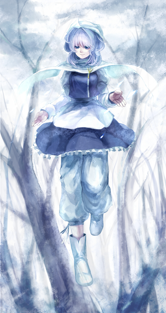 blue_eyes blue_hair boots dress floating hat lavender_hair letty_whiterock long_sleeves oburaato pants scarf short_hair sky smile solo touhou tree turtleneck winter