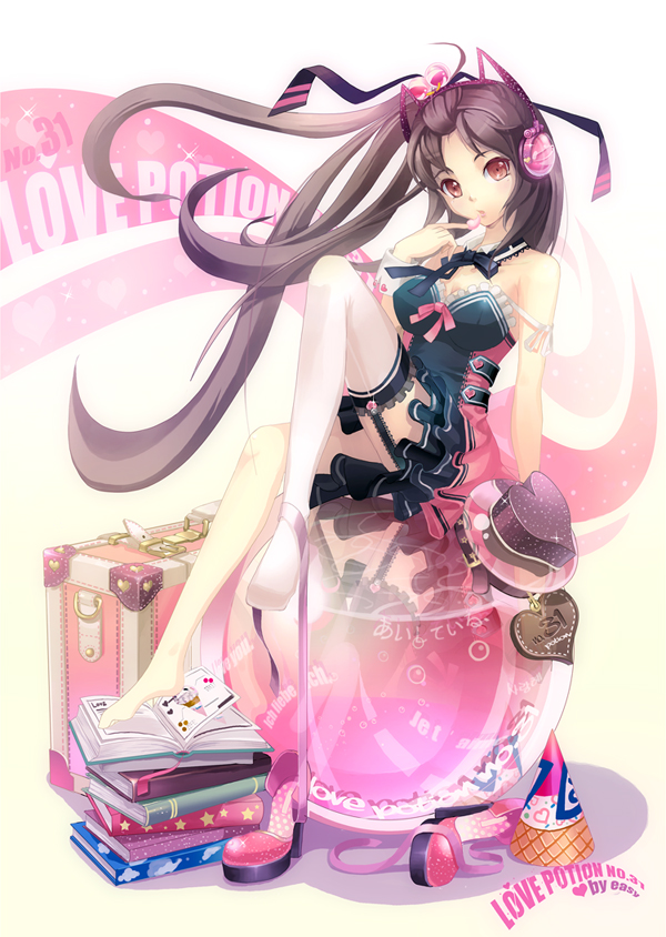 bare_shoulders barefoot book breasts brown_hair collar cuffs dress easycrew finger_to_mouth frills garter_straps headphones heart lee_byung_hee long_hair love_potion lucia orange_eyes pangya potion ribbon single_thighhigh sitting solo strap_slip suitcase thigh-highs thighhighs very_long_hair wind