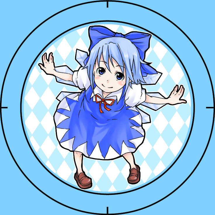 argyle_background blue_eyes blue_hair bow circle cirno dress fingers ice nanairoglasses no_socks outstretched_arms pigeon-toed smile spread_arms touhou