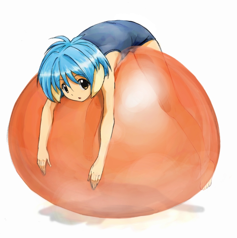bad_id balance_ball ball balloon barefoot blue_hair brown_eyes exercise_ball feet galaxy_angel hands loli mint_blancmanche nyama one-piece_swimsuit school_swimsuit short_hair swimsuit toes transparent