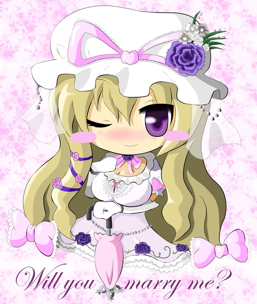 blonde_hair blush chibi dress english long_hair touhou violet_eyes wedding_dress yakumo_yukari