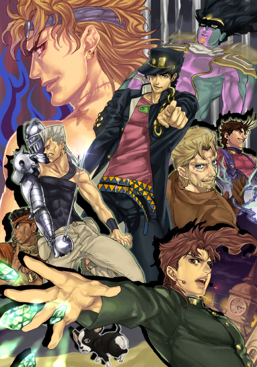 belt black_hair blonde_hair blue_eyes brown_eyes brown_hair chain chains clock clock_tower dark_skin dio_brando dog dual_persona earrings everyone facial_hair gakuran green_eyes grey_hair grin hat headband icym iggy_(jojo) jean_pierre_polnareff jewelry jojo_no_kimyou_na_bouken joseph_joestar joseph_joestar_(young) kakyoin_noriaki kakyouin_noriaki kujo_jotaro kuujou_joutarou male mohammed_avdol open_mouth pointing red_eyes red_hair redhead scar school_uniform silver_chariot skin_tight smile stand_(jojo) star star_platinum sword time_paradox tower weapon wristband