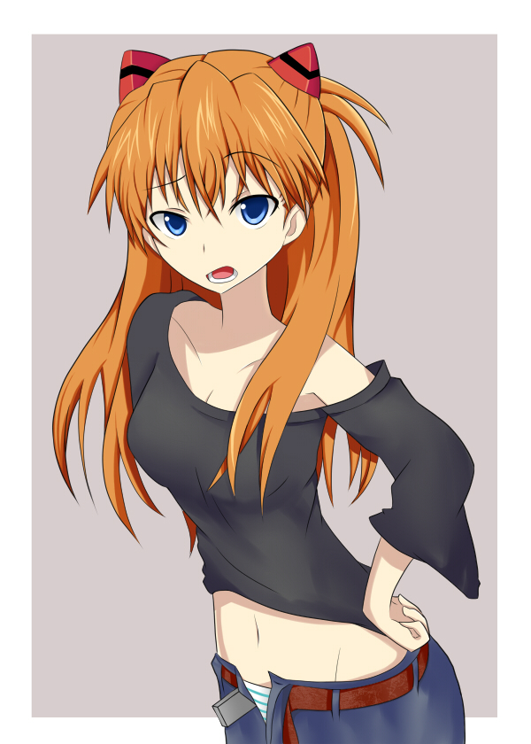 blue_eyes casual hand_on_hip neon_genesis_evangelion no_bra off_shoulder panties red_hair redhead souryuu_asuka_langley striped striped_panties underwear unzipped