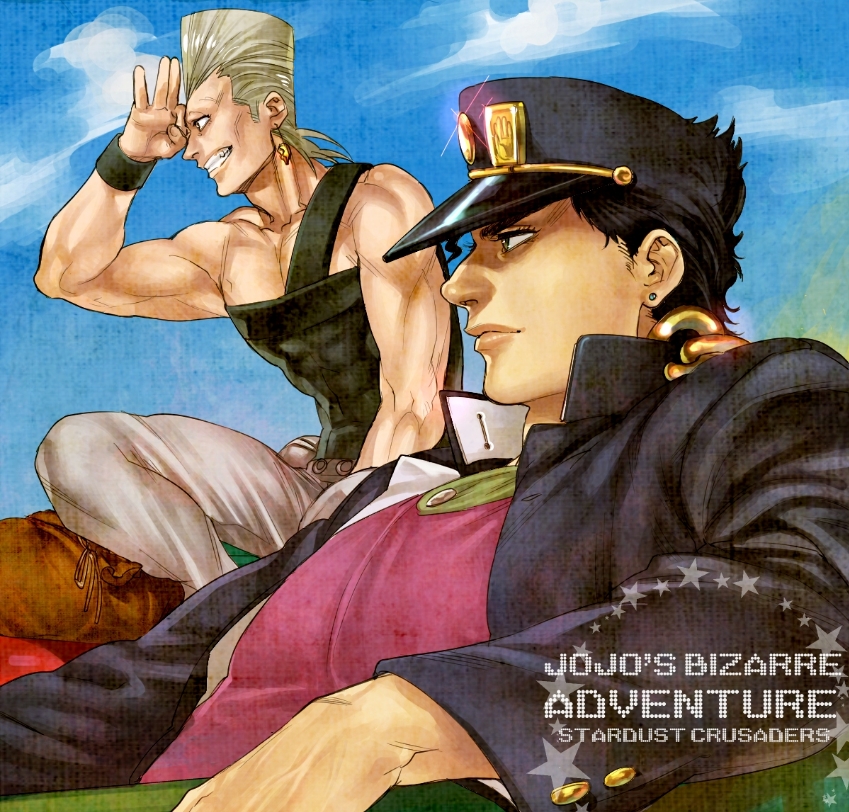 bare_shoulders black_hair blonde_hair earrings english gakuran green_hair grin hat icym jean_pierre_polnareff jewelry jojo's_bizarre_adventure jojo_no_kimyou_na_bouken kujo_jotaro kuujou_joutarou male multiple_boys muscle school_uniform smile wristband