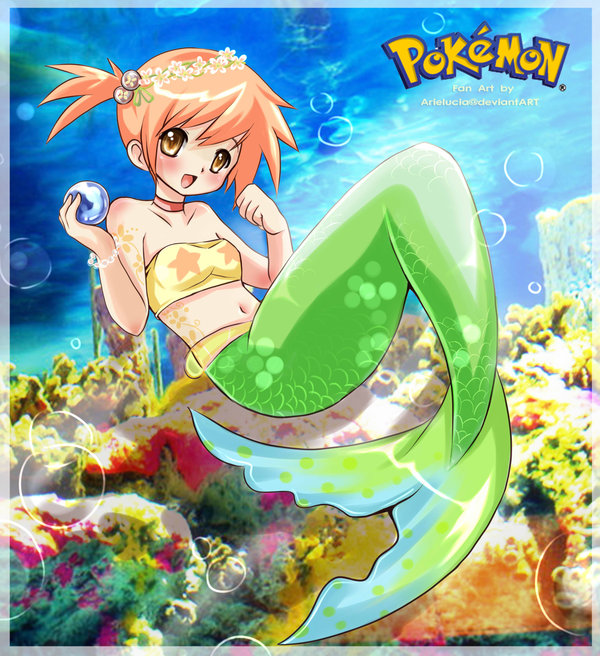 bandeau blush bubble collar head_wreath jewelry kasumi_(pokemon) logo mermaid midriff monster_girl navel pearl pokemon scales side_ponytail title_drop tubetop underwater