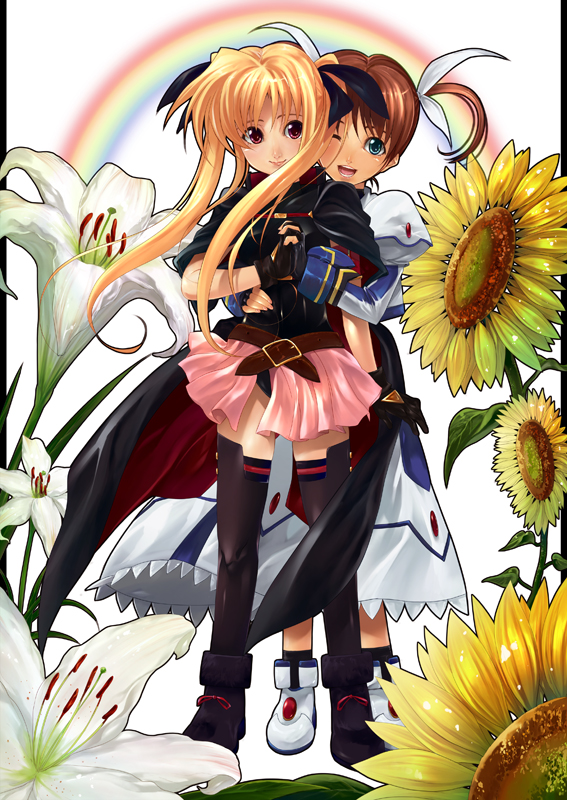 blonde_hair blue_eyes boots brown_hair cape fate_testarossa fingerless_gloves flower gloves hair_ribbon hand_holding holding_hands lazward long_hair mahou_shoujo_lyrical_nanoha rainbow red_eyes ribbon short_hair smile sunflower takamachi_nanoha thigh-highs thighhighs twintails wink