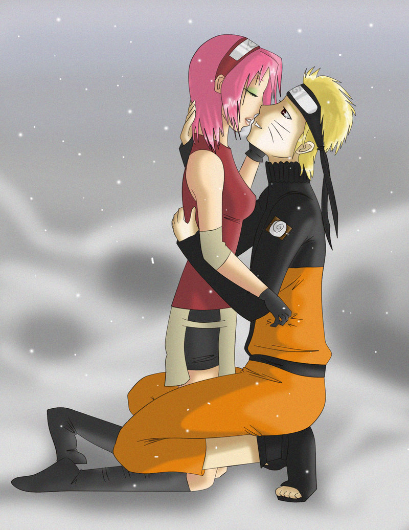 black_thighhighs blonde_hair brown_eyes closed_eyes duo female gloves haruno_sakura jinchuuriki jumpsuit makeup male naruto pink_hair sandals skirt smile thigh-highs uzumaki_naruto