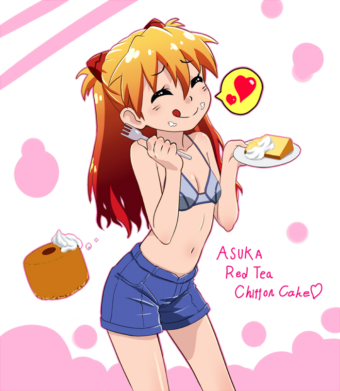 bikini_top cake character_name eating english food fork hair_ornament heart holding holding_fork long_hair neon_genesis_evangelion oku_(okumen) pastry plate red_hair redhead shikinami_asuka_langley shiny shorts smile souryuu_asuka_langley tongue