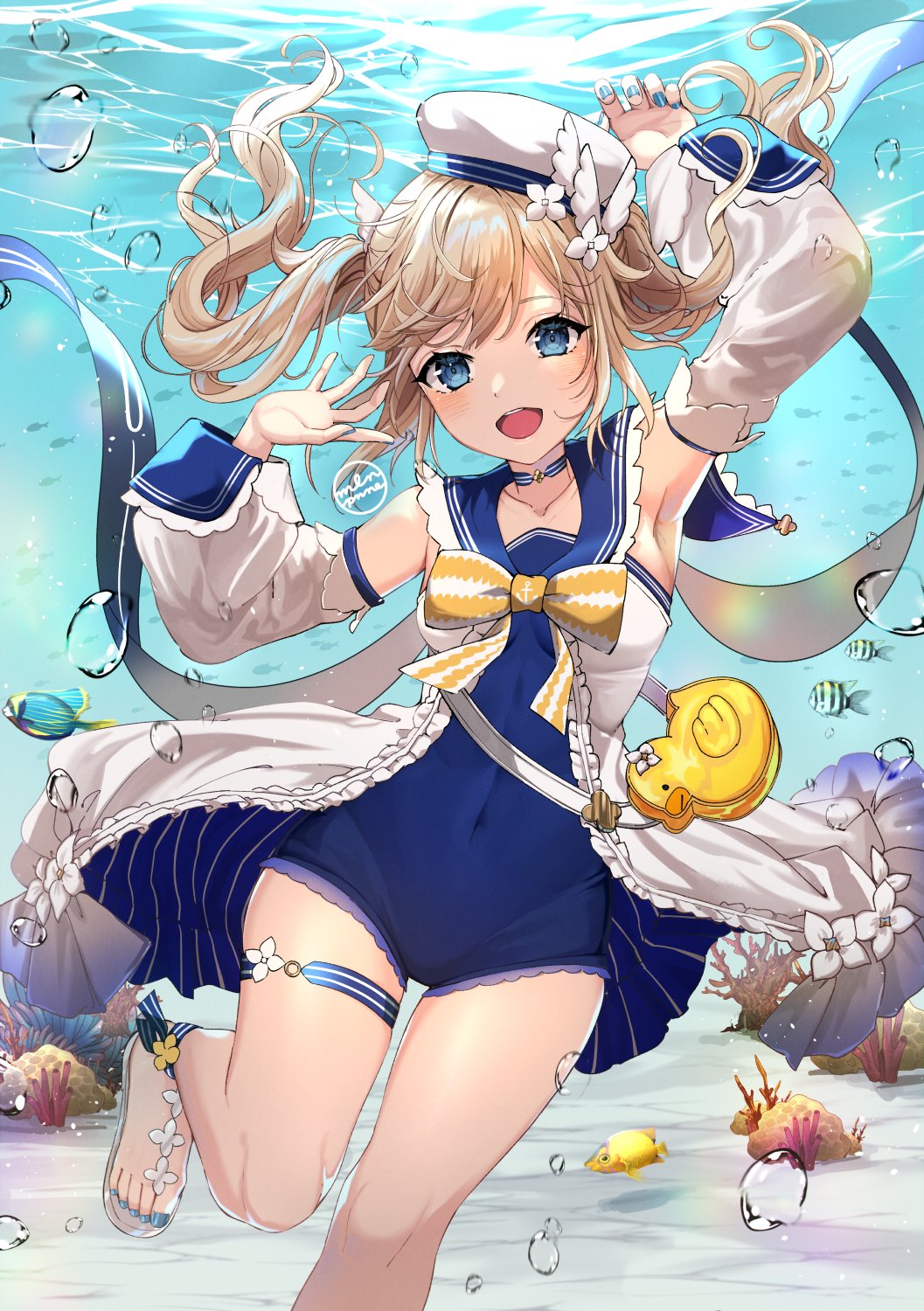 1girl arm_up armpits bag barbara_(genshin_impact) bird blonde_hair blue_eyes blue_nails bow bowtie bubble choker covered_navel detached_sleeves drill_hair duck feet fish flower genshin_impact hair_flower hair_ornament hat highres long_sleeves meronpanne nail_polish ocean one-piece_swimsuit open_mouth sailor_collar sailor_hat sandals sleeveless slippers smile solo swimsuit toenail_polish twin_drills twintails underwater yellow_bow