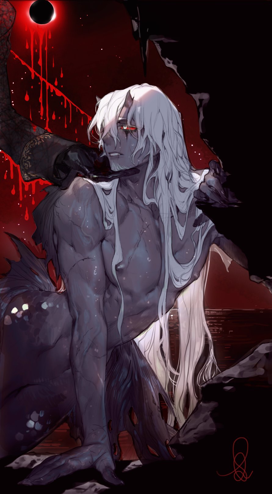 1boy arm_support beard colored_sclera colored_skin completely_nude eclipse facial_hair grey_skin hair_between_eyes hair_over_one_eye highres horns long_hair male_focus merman monster_boy nude one_eye_covered original parted_lips pigeon666 red_sclera red_sky sky solo_focus wet white_eyes white_hair