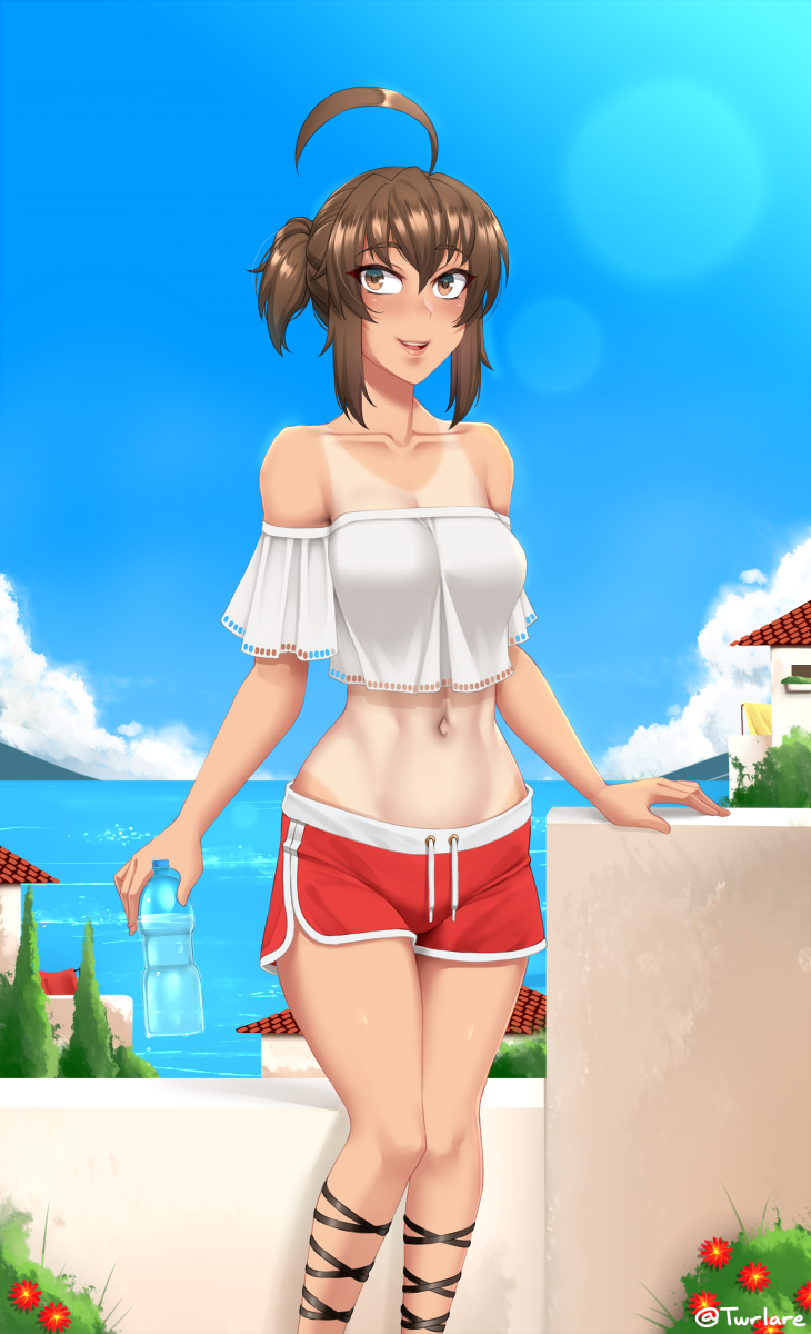 1girl :d andou_natsuki bangs bare_shoulders blue_sky bottle breasts brown_eyes brown_hair clouds collarbone commentary dated_commentary day eyebrows_visible_through_hair eyes_visible_through_hair feet_out_of_frame flower highres horizon kitakubu_katsudou_kiroku lens_flare looking_at_viewer medium_breasts midriff navel off-shoulder_shirt off_shoulder open_mouth outdoors plastic_bottle red_shorts shirt short_hair short_shorts short_sidetail shorts sky smile solo tan tanline twitter_username twrlare water white_shirt