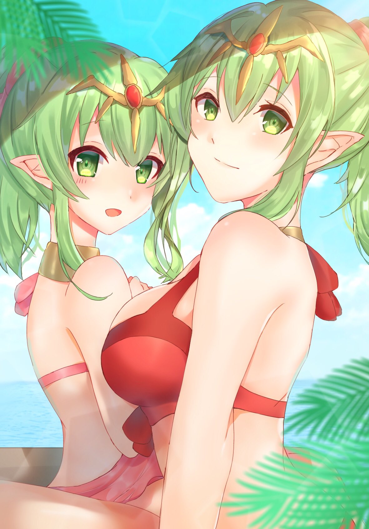 2girls age_difference alternate_costume bikini blue_sky breasts child cute dragon_girl dual_persona edamameoka fire_emblem fire_emblem:_mystery_of_the_emblem fire_emblem_awakening fire_emblem_heroes fire_emblem_warriors green_eyes green_hair highres intelligent_systems jewelry large_breasts looking_at_viewer manakete multiple_girls necklace nintendo ocean open_mouth pink_swimsuit pointy_ears ponytail red_bikini sky smile swimsuit tiara tiki_(fire_emblem) time_paradox young_adult