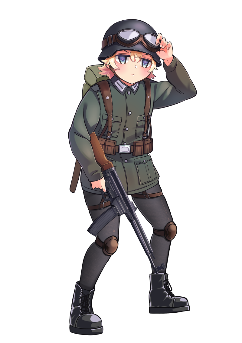 1girl ammunition_belt assault_rifle backpack bag bangs blonde_hair blue_eyes boots brown_footwear closed_eyes closed_mouth company_of_heroes german_army goggles goggles_on_headwear green_jacket gun hat helmet holding holding_gun holding_weapon jacket knee_pads leggings long_sleeves military military_hat military_jacket military_uniform original pants rifle short_hair simple_background solo stg44 uniform v-shaped_eyebrows weapon white_background world_war_ii zhainan_s-jun