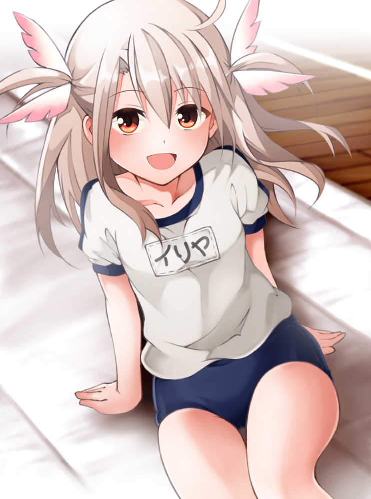 1girl bangs blue_buruma blush breasts buruma fate/kaleid_liner_prisma_illya fate_(series) feather_hair_ornament feathers gym_shirt gym_uniform hair_between_eyes hair_ornament illyasviel_von_einzbern long_hair looking_at_viewer mochi_(k620803n) name_tag open_mouth red_eyes shirt short_sleeves sidelocks small_breasts smile thighs two_side_up white_hair white_shirt