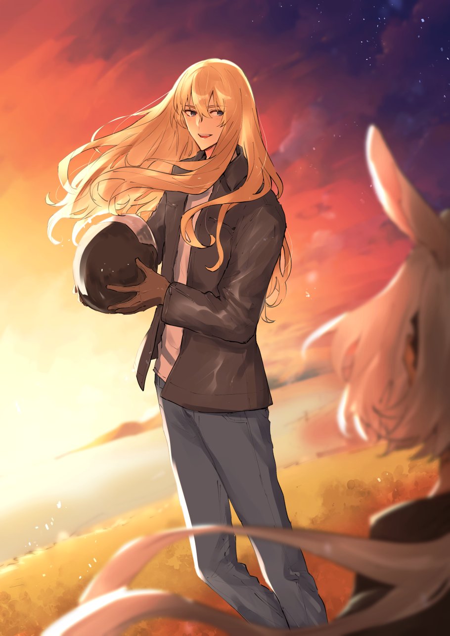 1boy 1girl animal_ears blonde_hair blurry caenis_(fate) depth_of_field facing_away fate/grand_order fate_(series) headwear_removed helmet helmet_removed highres jacket kirschtaria_wodime leather leather_jacket long_hair outdoors sabamori twilight white_hair