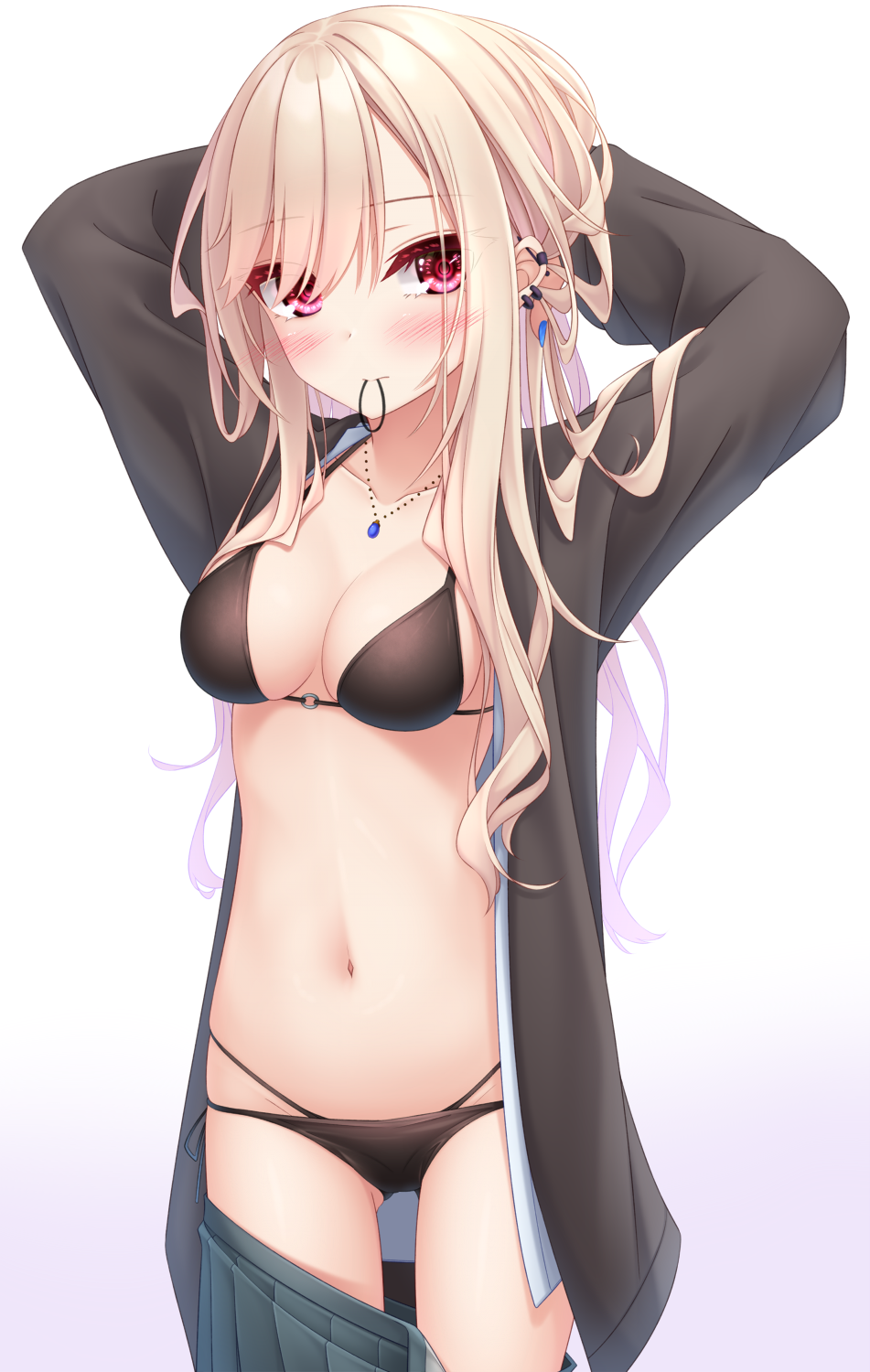 1girl arms_behind_head arms_up bangs bikini bikini_under_clothes black_bikini black_jacket blonde_hair blush breasts closed_mouth clothes_pull collarbone commentary_request ear_piercing eyes_visible_through_hair gradient gradient_background grey_skirt hair_over_one_eye hair_tie hair_tie_in_mouth highres jacket jewelry layered_bikini long_hair long_sleeves looking_at_viewer medium_breasts mouth_hold navel o-ring o-ring_bikini o-ring_top open_clothes open_jacket open_shirt original pendant piercing pleated_skirt purple_background red_eyes shirt skirt skirt_pull solo swimsuit very_long_hair white_background white_shirt yoye_(pastel_white)