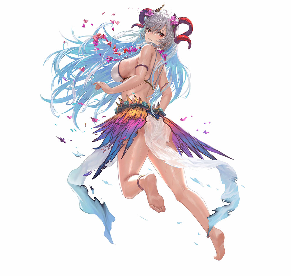 1girl anklet armlet ass barefoot bikini breasts commentary_request eyebrows_visible_through_hair fire_emblem fire_emblem_heroes flower flower_necklace freyja_(fire_emblem) goat_horns gradient_hair hair_between_eyes hair_flower hair_ornament horns huge_breasts jewelry korean_commentary light_blue_hair long_hair looking_back multicolored_hair necklace official_alternate_costume official_art open_mouth pelvic_curtain petals red_eyes sheer_clothes showgirl_skirt sideboob simple_background solo string_bikini swimsuit thick_thighs thighs torn_clothes white_background white_hair yoshiku_(oden-usagi)
