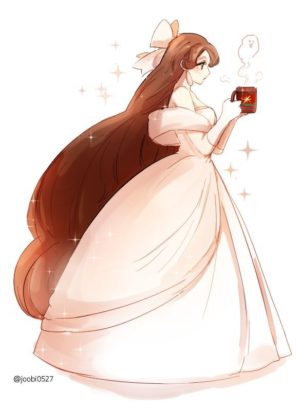 1girl :o bare_shoulders bow brown_eyes brown_hair character_request copyright_request cup dress earrings formal ghost gloves gown gradient_hair hair_bow holding holding_cup jewelry joobi0527 long_hair md5_mismatch multicolored_hair solo sparkle very_long_hair white_background white_dress white_gloves