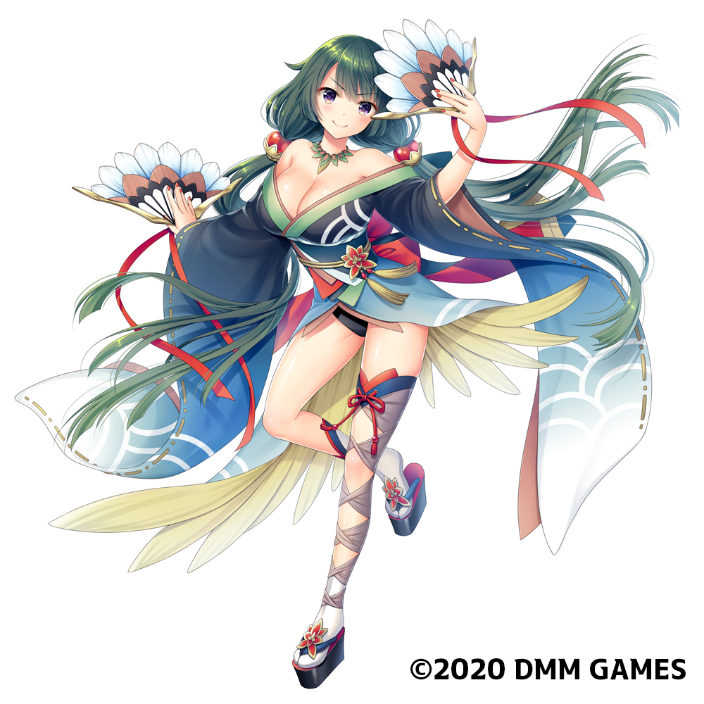 1girl bangs black_eyes breasts clogs eyebrows_behind_hair eyebrows_visible_through_hair fan girls_book_maker green_hair hagino_kouta hairband holding holding_fan japanese_clothes jewelry kimono long_hair looking_at_viewer nail_polish necklace official_art ribbon simple_background smile solo standing standing_on_one_leg thigh-highs tometama white_background