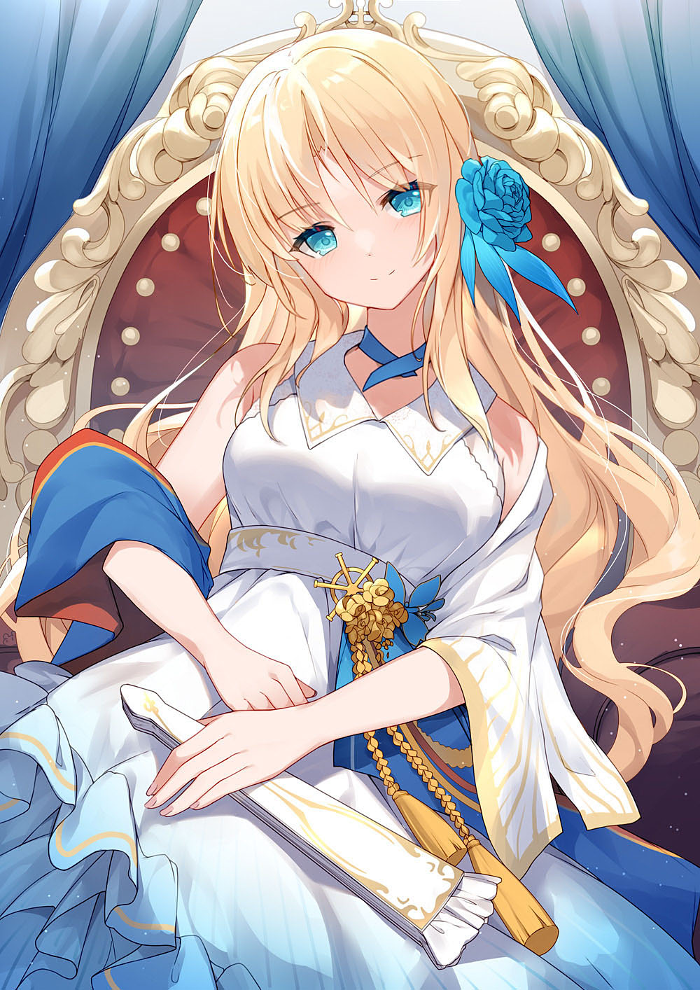 1girl bangs bare_shoulders bison_cangshu blonde_hair blue_choker blue_eyes blue_flower blush breasts chair choker closed_mouth clothing_request copyright_request curtains detached_sleeves dress eyebrows_visible_through_hair flower hair_flower hair_ornament highres holding lexington_(warship_girls_r) long_hair long_sleeves looking_at_viewer medium_breasts sitting smile solo warship_girls_r white_dress