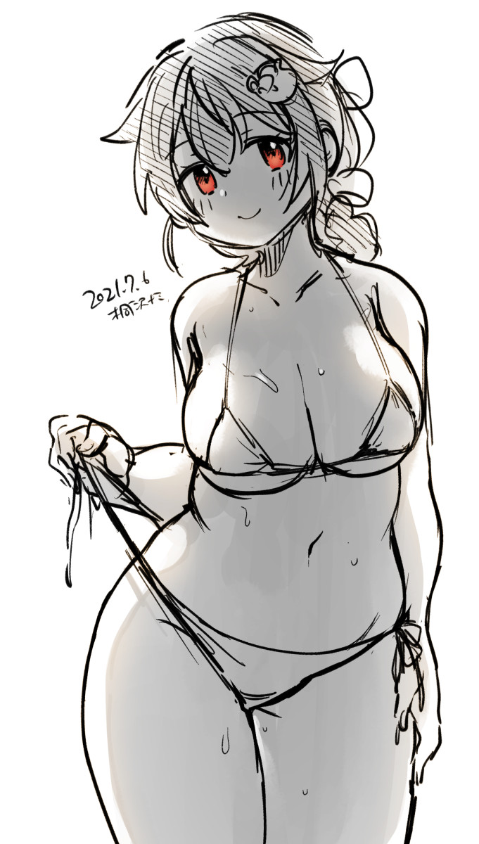 1girl bikini braid breasts commentary_request cowboy_shot greyscale hair_flaps highres jingei_(kancolle) kantai_collection kirisawa_juuzou large_breasts long_hair looking_at_viewer low_ponytail monochrome red_eyes side-tie_bikini single_braid solo spot_color swimsuit wide_hips