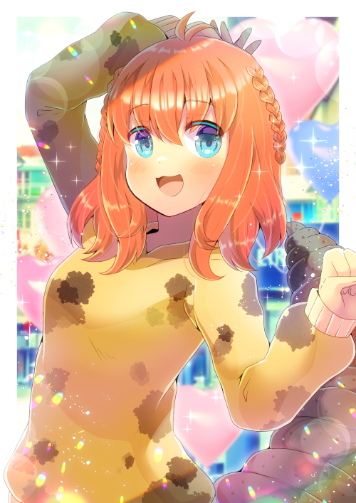 1girl :d antenna_hair arm_up bangs blue_eyes blurry blurry_background blush braid brown_shirt character_request depth_of_field eyebrows_visible_through_hair hair_between_eyes indie_virtual_youtuber kou_hiyoyo long_sleeves open_mouth orange_hair puffy_long_sleeves puffy_sleeves shirt sleeves_past_wrists smile solo tail virtual_youtuber