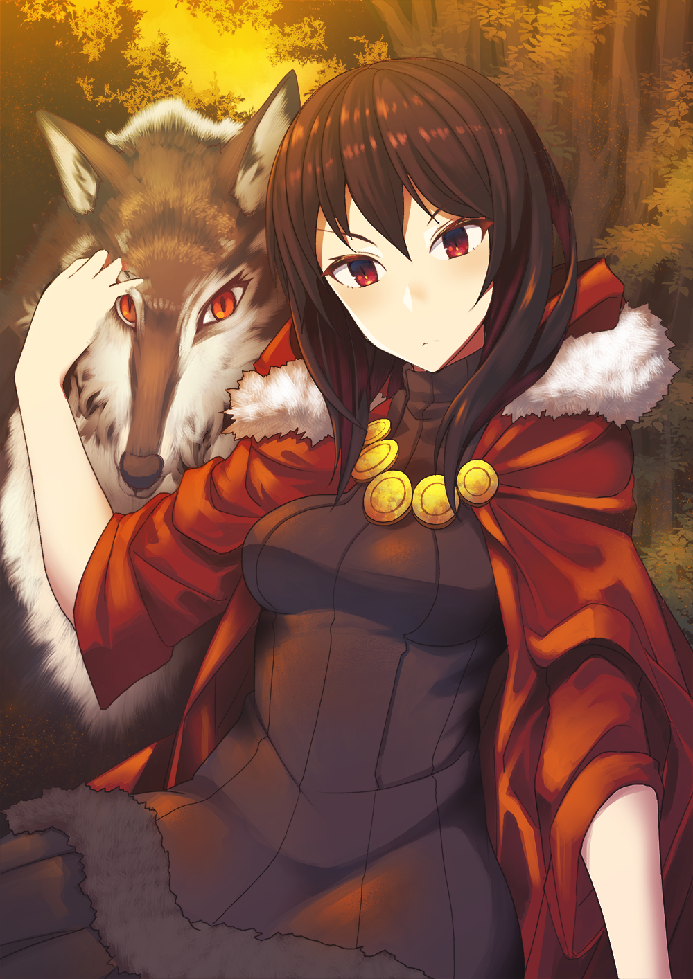 1girl aroha_j breasts cloak forest frown highres leslie_the_moon_queen looking_at_viewer medium_breasts medium_hair nature orange_eyes outdoors pixiv_fantasia pixiv_fantasia_last_saga red_cloak red_eyes solo wolf