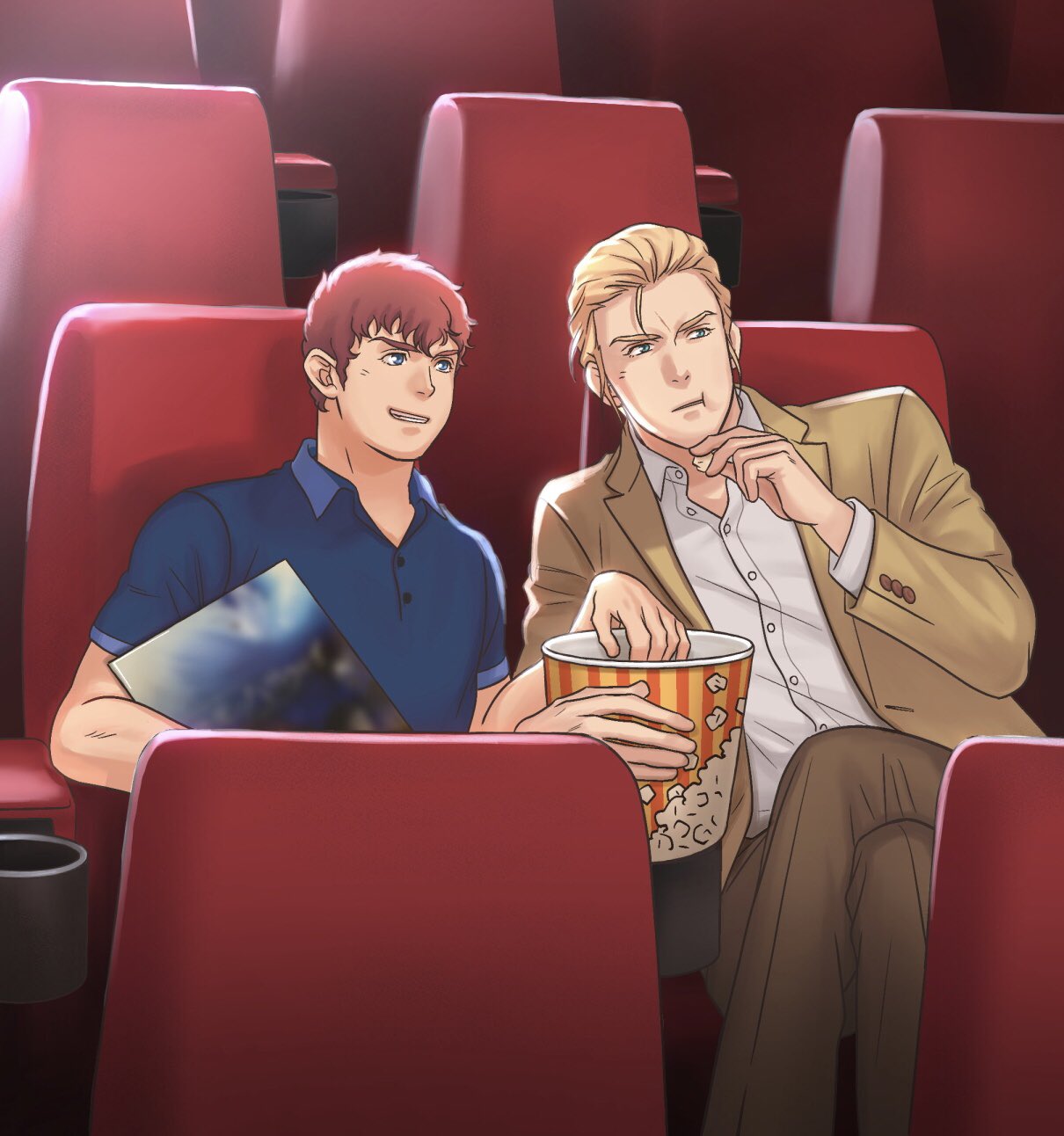 2boys amuro_ray blonde_hair blue_eyes blue_shirt blurry brown_hair brown_pants buttons char's_counterattack char_aznable crossed_legs curly_hair eating food grin gundam gundam_hathaway's_flash hair_slicked_back highres jacket light_rays movie_poster movie_theater multiple_boys pants parody polo_shirt popcorn rie_asap sharing_food shirt smile white_shirt yellow_jacket